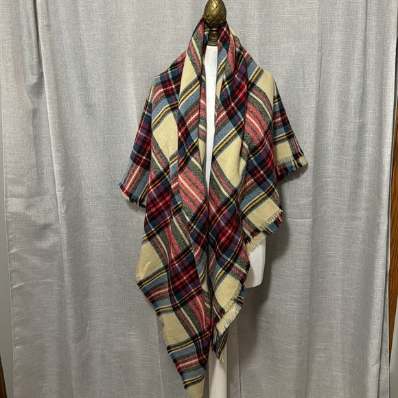 asos brand Large 60x60 Blanket Style Plaid Scarf/Wrap-Beige/Red/Blue-Acrylic - Picture 5 of 10
